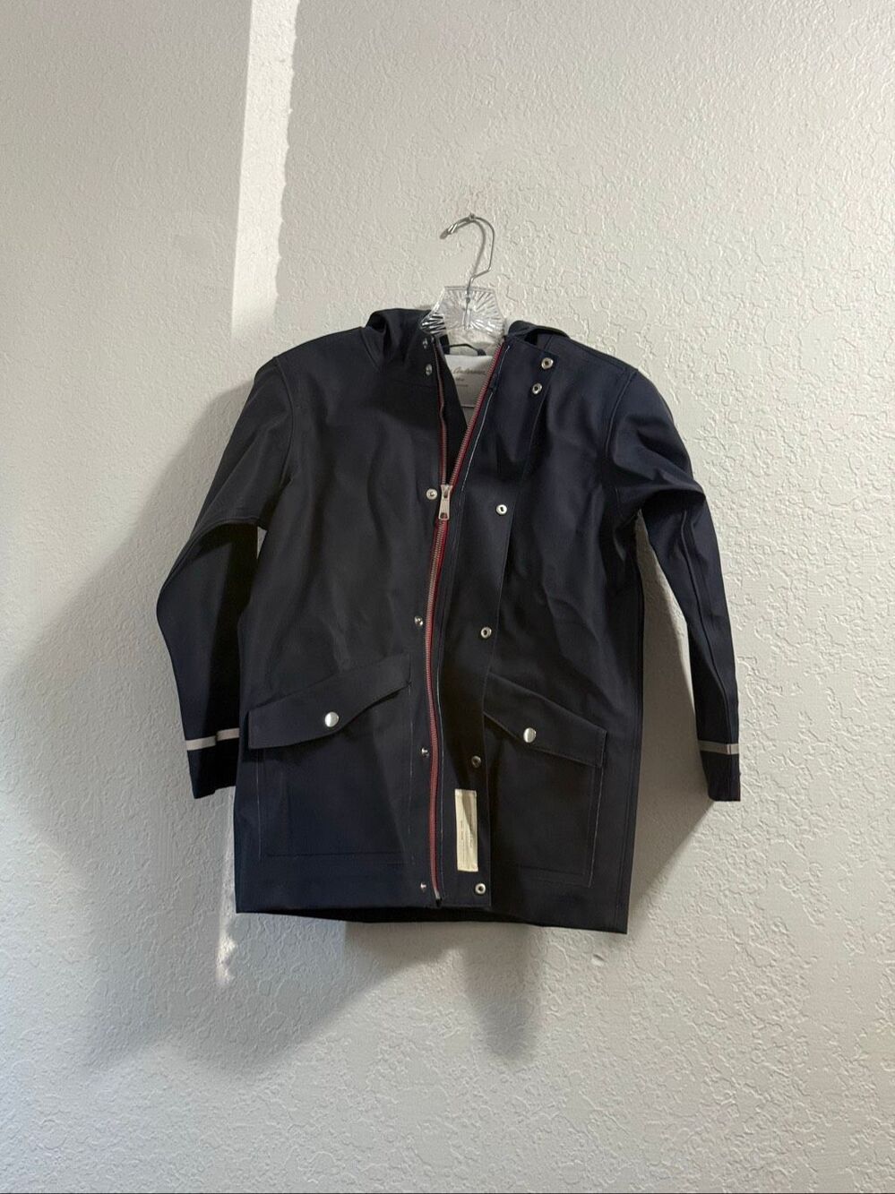 Hanna Andersson heavy duty blue raincoat jacket 130 8 red trim